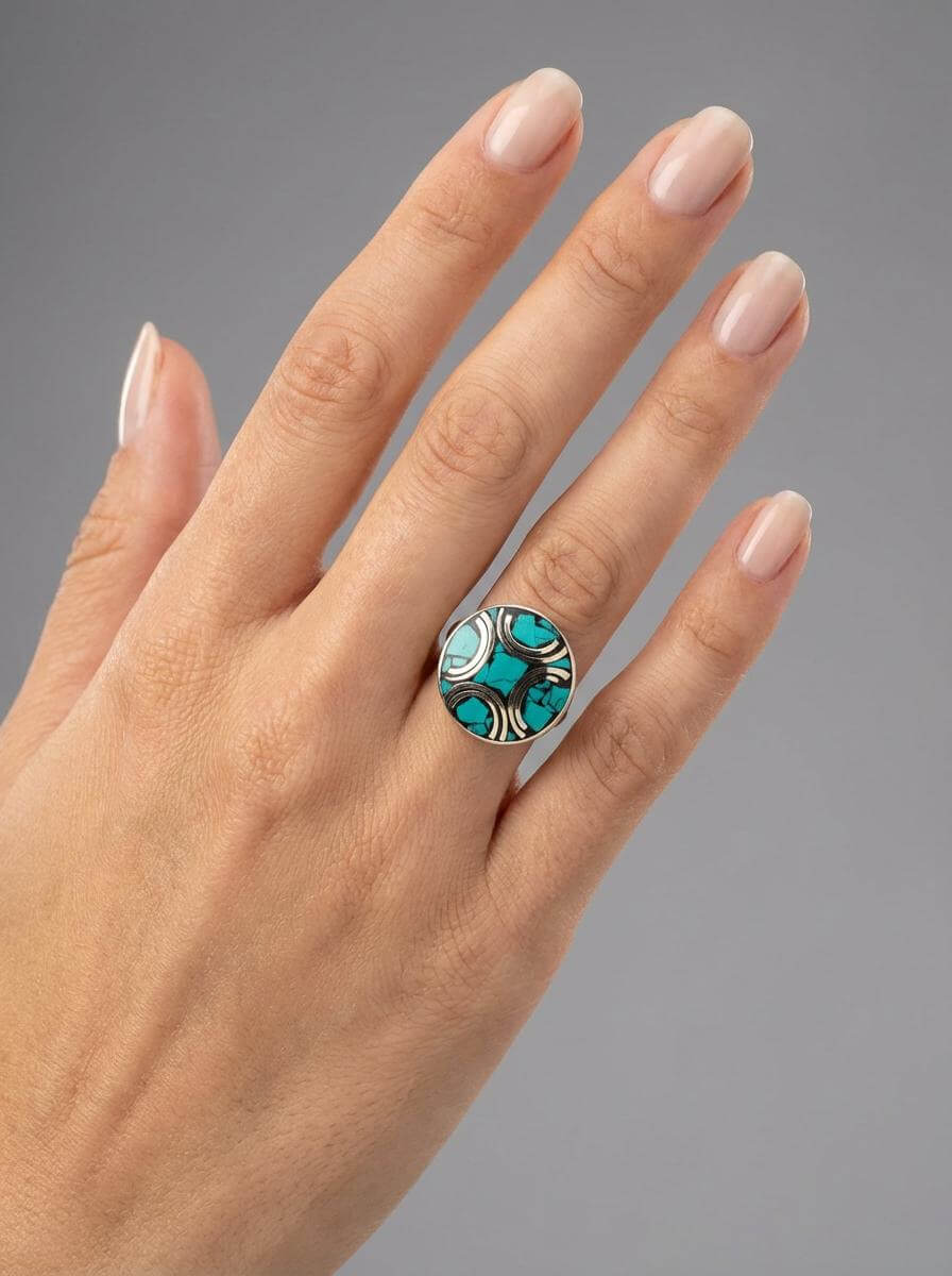 Hand wearing a turquoise ring on a gray background