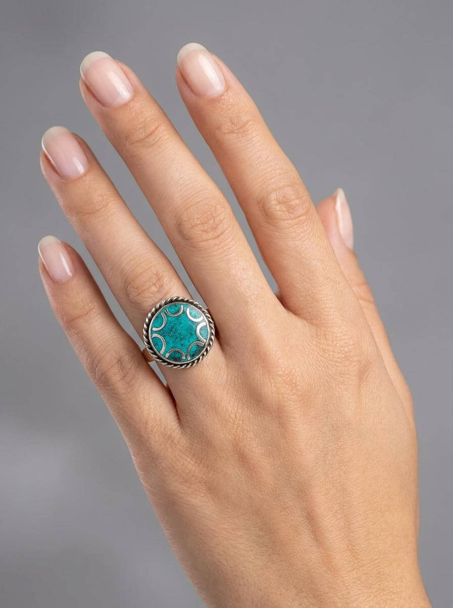 Hand wearing a turquoise ring with a gray background